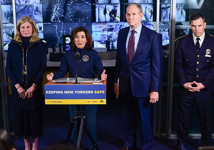 Governor Kathy Hochul, MTA Chair & CEO Janno Lieber, and NYPD Commissioner Jessica Tisch at the MTA Headquarters on Oct 9, 2025 -- Image: Marc A. Hermann / Metropolitan Transportation Authority