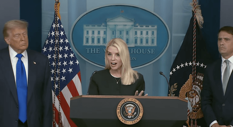 U.S. Attorney General Pam Bondi addresses reporters from White House podium