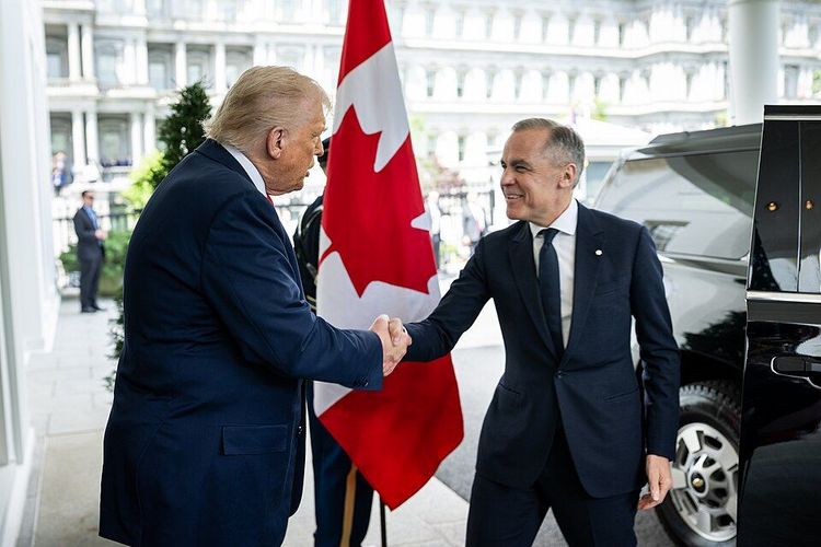 President Donald Trump greets Prime Minister of Canada Mark Carney, Tuesday, May 6, 2025, at the West Wing entrance of the White House. -- Image: Official White House Photo by Daniel Torok.