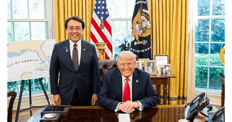 President Donald Trump meets with the Japanese Minister of State for Economic and Fiscal Policy Ryosei Akazawa April, 2025