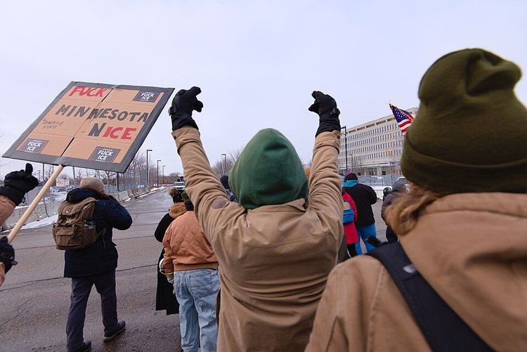 Protestors at the Whipple Building in south Minneapolis on January 17, 2026