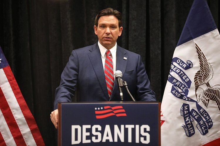 Governor Ron DeSantis speaking with the media at a press conference