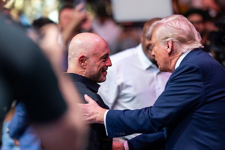 President Donald greets Dana White before UFC 314 at the Kaseya Center in Miami, Florida, Saturday, April 12, 2025.