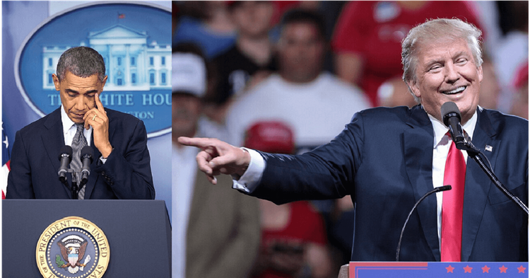 Split screen: Obama at podium looking down on left, Trump on right pointing