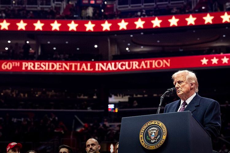 President Donald Trump addresses the audience after the inaugural parade during the 60th Presidential Inauguration at Capital One Arena in Washington, D.C., Jan. 20, 2025.