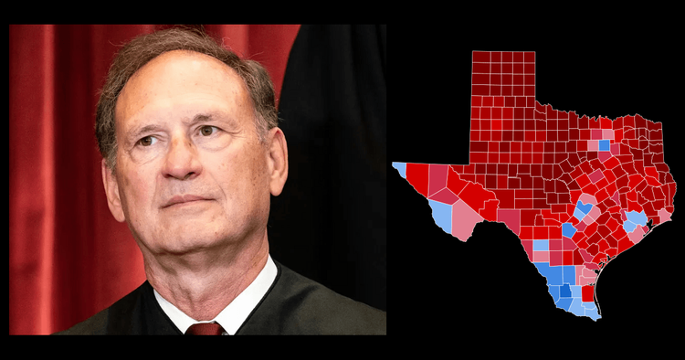 Compilation image. Justice Alito on left, Texas House race 2024 results map on right.