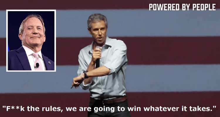 Beto O'Rourke on stage with inset photo of Ken Paxton