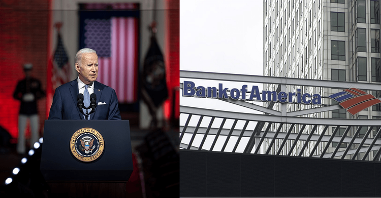 President Joe Biden delivers remarks/Bank of America signage