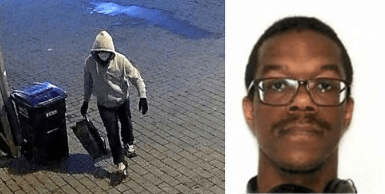 J6 Pipe Bomber on surveillance video on left, Brian Cole mugshot on right.