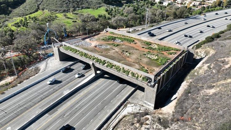 California’s unfinished Wallis Annenberg Wildlife Crossing. Arial view.