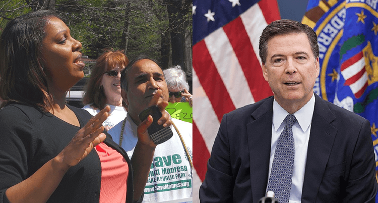 Split image: Letitia James and James Comey.