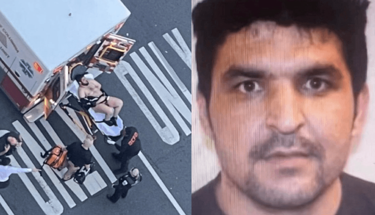 Split image: Alleged DC shooter Rahmanullah Lakanwal seen being loaded into an abulance on left, and headshot on right.