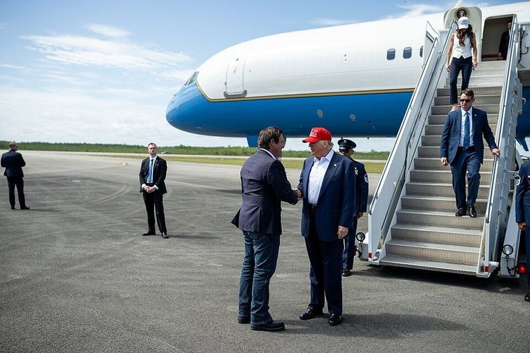 Governor Ron DeSantis greets President Trump as he arrives for a tour of Alligator Alcatraz on July 1, 2025.