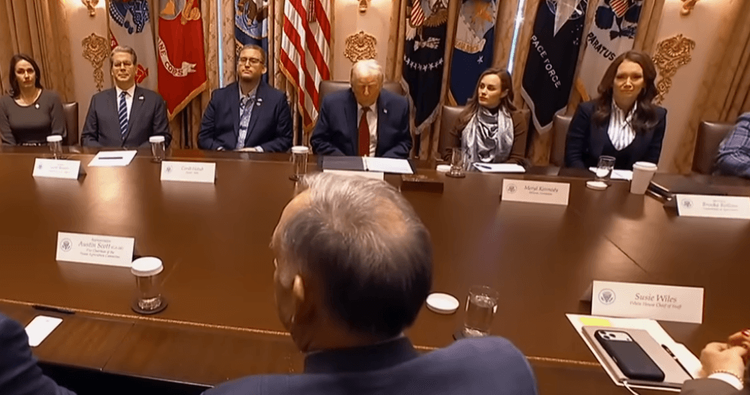 President Trump, Scott Bessent and other officials at the White House announcement of the aid package for farmers.