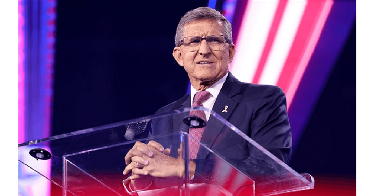 Former U.S. National Security Advisor Michael Flynn speaking with attendees at the 2024 AmericaFest at the Phoenix Convention Center in Phoenix, Arizona.