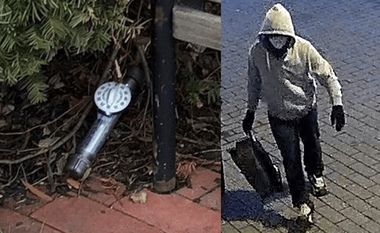 Image of one of the bombs on left, surveillance photo of bomber on right.