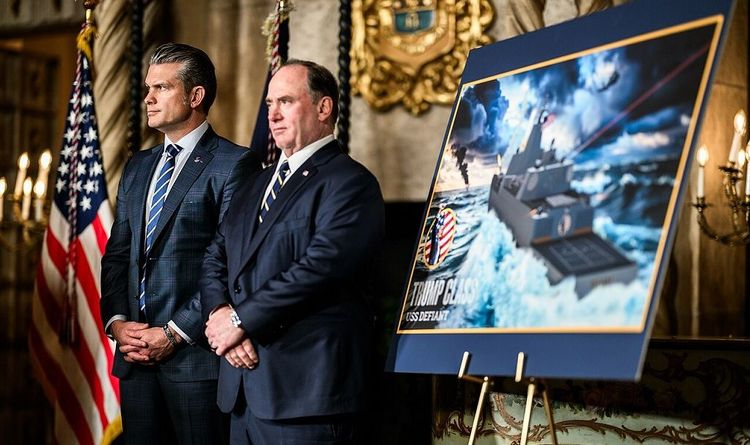 Secretary of War Pete Hegseth and Secretary of the Navy John Phelan during the announcment of the “Golden Fleet” December 22, 2025, at the Mar-a-Lago Club in Palm Beach, Florida.