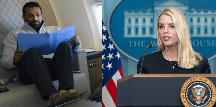 Kash Patel reviewing files/ Pam Bondi at the White House Podium