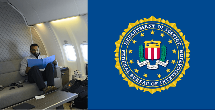 Kash Patel reviewing files/FBI logo