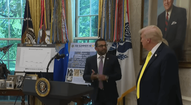 Kash patel updates President Trump on crime statistics in an Oct 15, 2025 Oval Office press conference.