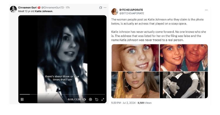 X screenshots showing an AI generated video promoting the hoax and a post debunking it.