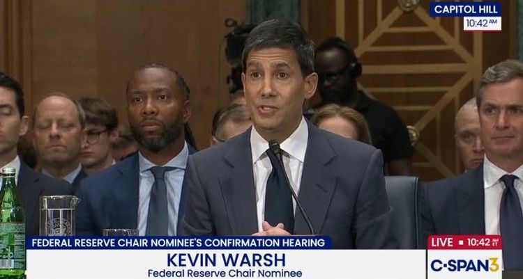 Screenshot from C-span coverage of Kevin Warsh’s Senate confirmation hearing (April 21, 2026)