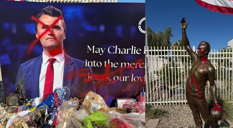 Charlie Kirk statue and memorial defaced overnight Saturday. -- Image: Compilation of images from the @TPUSA X page