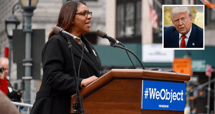 Letitia James inset with image of President Trump