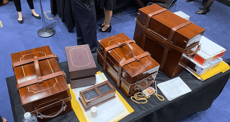 Mahogany boxes containing the electoral certificates of the 2020 U.S. Presidential election, after they had been removed from the Senate floor by staffers on Jan 6, 2021