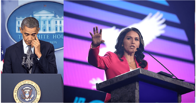 Split screen: Obama on Left, Tulsi Gbbard on right