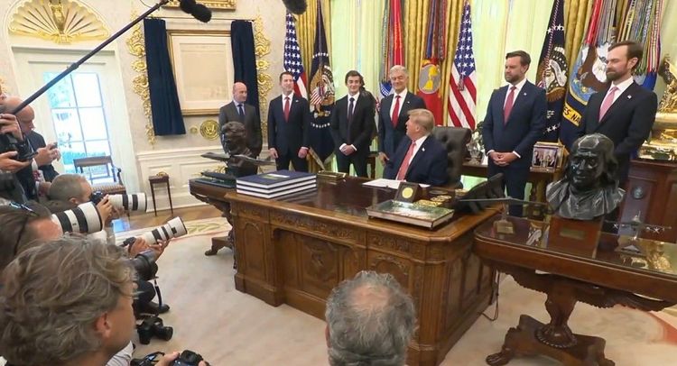 President Trump acknowledges Nick Shirley during the announcement of the Fraud Whistleblower Program. -- Screenshot from @WhiteHouse on X