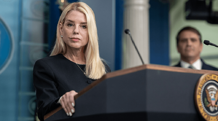 Attorney General Pam Bondi and Deputy Attorney General Todd Blanche in the James S. Brady Press Briefing Room on Friday, June 27, 2025.
