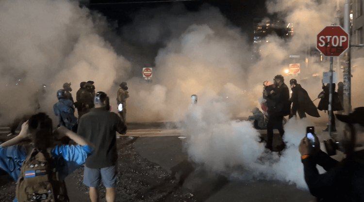 Protestors seen facing off with federal Agents in riot gear as smoke swirls.