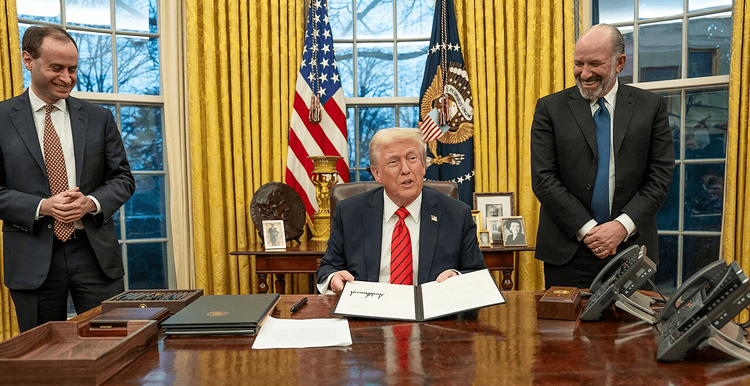 Howard Lutnick joins President Trump in the Oval Office for signing of executive orders in February 2025
