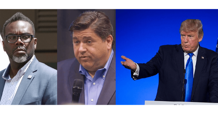 Compilation image: Illinois Governor JB Pritzker, Chicago Mayor Brandon Johnson and President Trump
