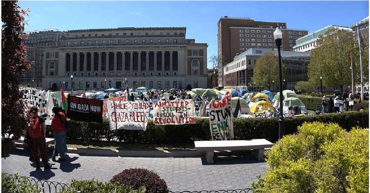 Protestors camped outside the Butler Library at Columbia University in April, 2024.