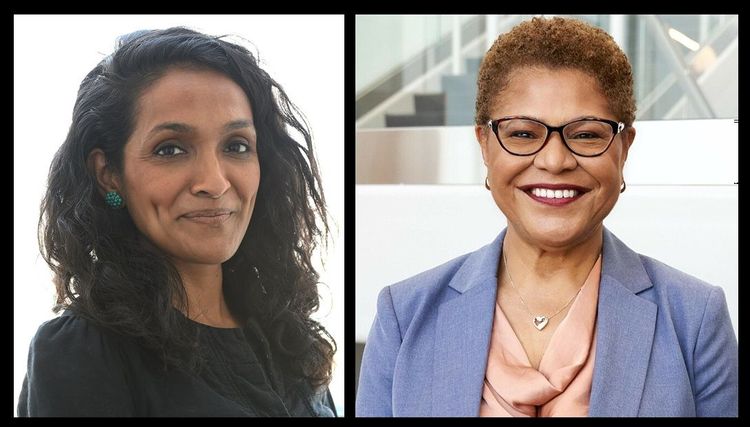 Nithya Raman on left, Mayor Karen Bass on right.