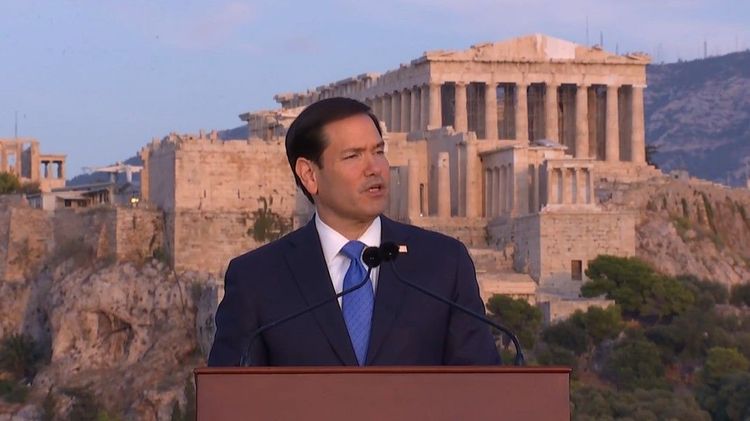 Rubio speaking at the Acropolis. -- Image: Screenshot from the @SecRubio X page.