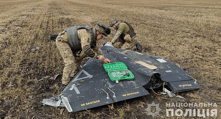 A Russian Shahed Drone being dismantled by Ukrainian forces