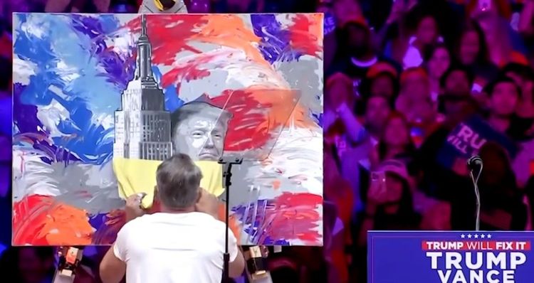 Scott LoBaido unveils s psinting he did live at President Trump's Madison Square Garden rally.