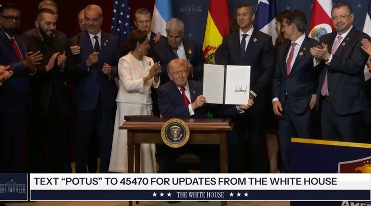 President Trump with Latin American leaders after signing the initiative.