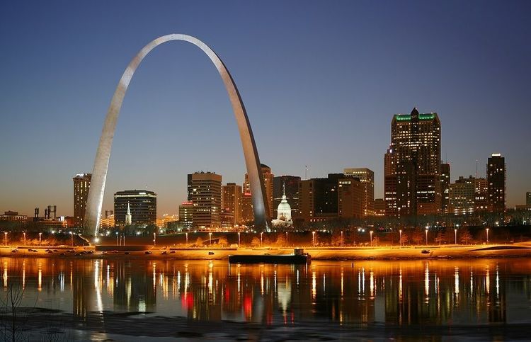 The Gateway Arch and Old Courthouse are visible in this night shot of the Mississippi waterfront in St. Louis