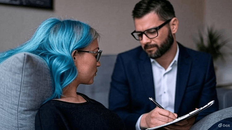 A psychoanalyst holding a clipboard facing a blue haired female patient on a couch. AI image.