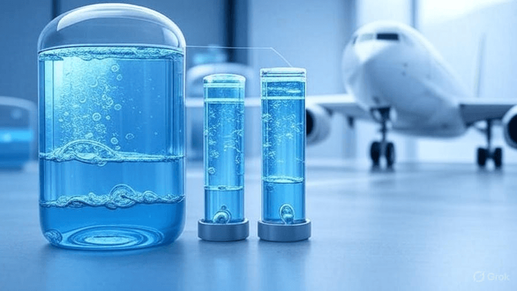 Lab beakers and an airliner in a hanger