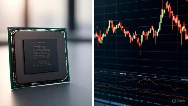 Computer chip on left, stock chart on right
