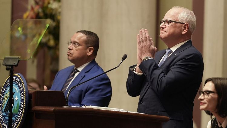 Keith Ellison and Tim Walz at the State of the State of Minnesota address, April 23, 2025