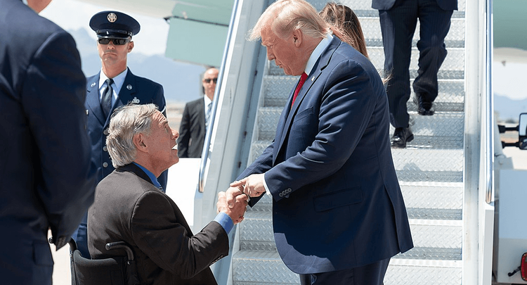 President Trump shaking Governor Abbott's hand as he disembarks Air Force One.
