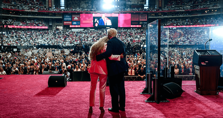 President Donald Trump takes the stage with Erika Kirk at the Memorial Service for Charlie Kirk at State Farm Stadium in Glendale, Arizona, Sunday, September 21, 2025