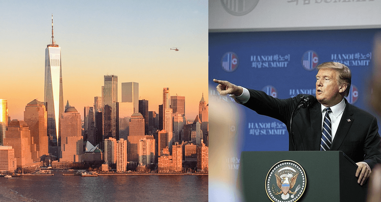 Split image: NYC Skyline on left, President Trump pointing on right