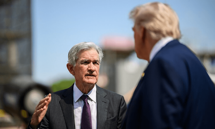 President Donald Trump speaks to Fed Chair Jerome Powell during a tour of the Federal Reserve in Washington, D.C., Thursday, July 24, 2025.